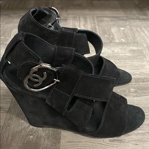 Chanel black suede wedge sandals 40